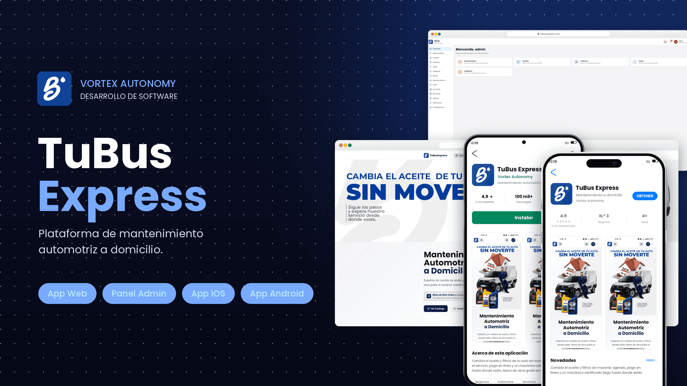 TuBus Express, plataforma de mantenimiento automotriz a domicilio: web, panel administrativo y app móvil iOS/Android